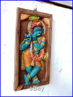 Hindu God Krishna Wall Panel Vintage Temple Statue Sculpture Hand made Art Decor