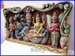 Hindu God Vishnu Vintage Wall Panel Wooden Statue Sculpture Handpainted panel
