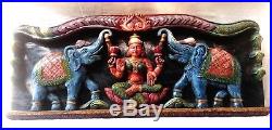 Hindu Goddess Lakshmi with Elephants Wooden Vintage Wall Panel Carved Sculpture