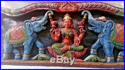 Hindu Goddess Lakshmi with Elephants Wooden Vintage Wall Panel Carved Sculpture