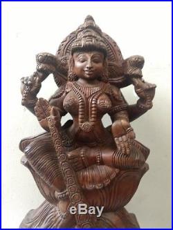 Hindu Goddess Lekshmi Sculpture Wooden Laxmi Statue Vintage Figure Murti Diwali