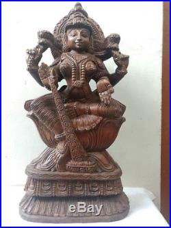 Hindu Goddess Lekshmi Sculpture Wooden Laxmi Statue Vintage Figure Murti Diwali