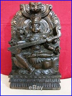 Hindu Saraswati Devi Statue Vintage Temple Sculpture Hand Carved Saras Murti Rar
