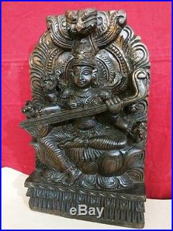 Hindu Saraswati Devi Statue Vintage Temple Sculpture Hand Carved Saras Murti Rar