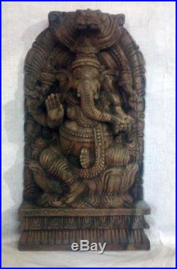 Hindu Temple Ganesh Ganesha Vintage Wooden Panel Statue Sculpture Figurine Idol