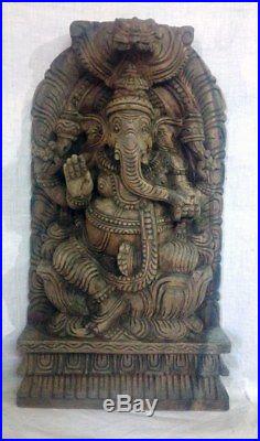 Hindu Temple Ganesh Ganesha Vintage Wooden Panel Statue Sculpture Figurine Idol