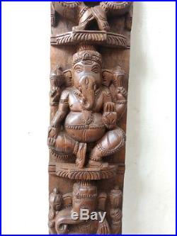 Hindu Temple Ganesha Wall Vertical Panel Vintage Sculpture Ganesh Wooden Murti