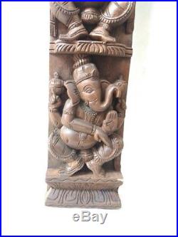 Hindu Temple Ganesha Wall Vertical Panel Vintage Sculpture Ganesh Wooden Murti