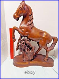 Horse sculpture wood, hand carved large vintage 19 1/2 tall, 14 INCH LONG BASE
