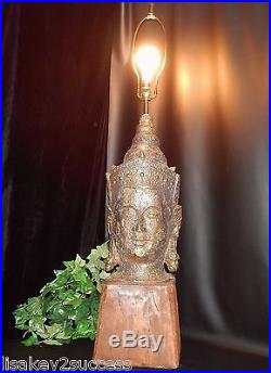 Huge 44 Vintage Mid-Century Buddha Head Sculpture Lamp on Wood Base, Rare