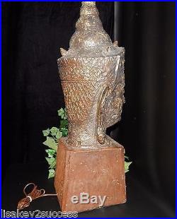Huge 44 Vintage Mid-Century Buddha Head Sculpture Lamp on Wood Base, Rare