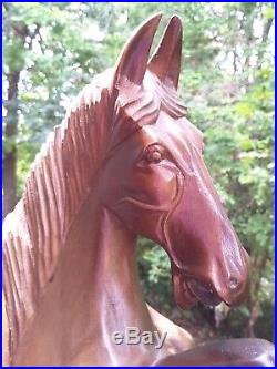 Huge Vtg Solid Wood HAND CARVED Rearing HORSE Sculpture statue On Base 23 Tall