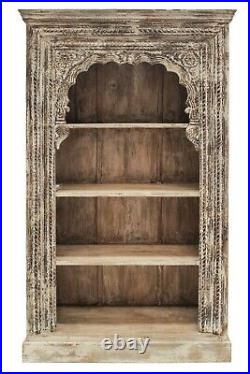 Indian Handmade Antique Hand Carving Distress Rustic Wooden Book Case Book Rack