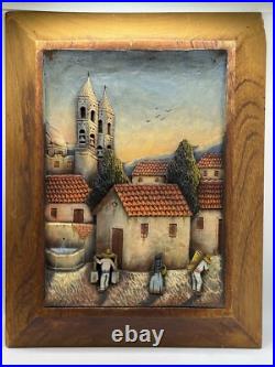J Rosas Signed Mexican Bas Relief Wood Wooden Carving Folk Art Mexico Vintage
