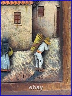 J Rosas Signed Mexican Bas Relief Wood Wooden Carving Folk Art Mexico Vintage
