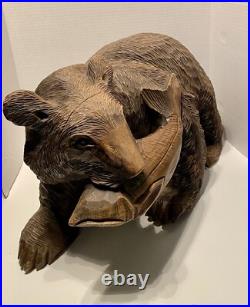 Japanese bear and salmon native Ainu Folk Art Sculpture 19 Vintage Carved Wood