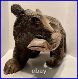 Japanese bear and salmon native Ainu Folk Art Sculpture 19 Vintage Carved Wood