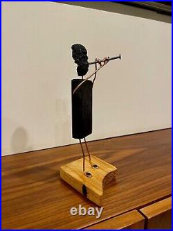 Jazz player wood and copper sculpture Vintage Black Handmade Carved