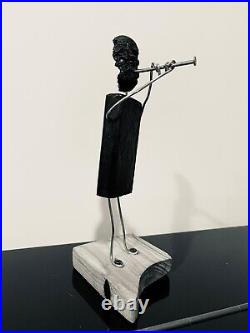 Jazz player wood and copper sculpture Vintage Black Handmade Carved