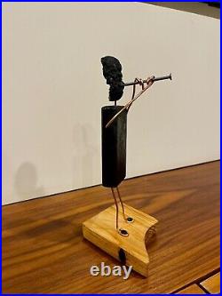 Jazz player wood and copper sculpture Vintage Black Handmade Carved