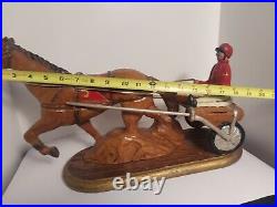 Jockey And Horse Racing Cart Hand Carved Vintage Americana Wood Sculpture