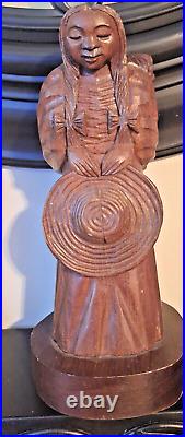 Jose pinal wood carving artist vintage antique statue 9 inches woman child, hat