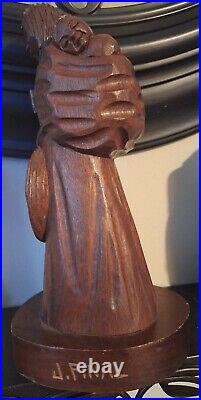 Jose pinal wood carving artist vintage antique statue 9 inches woman child, hat