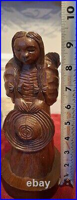 Jose pinal wood carving artist vintage antique statue 9 inches woman child, hat