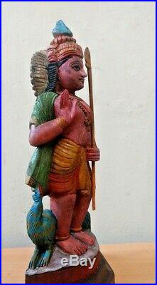 Kartikeya Murugan Hindu God Vintage Sculpture Wooden Statue Puja Murti Idol Rare