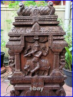 Krishna Statue Kavadi Hindu Temple Gopuram Wooden Sculpture Vintage Wall Panel