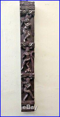 Krishna Wall Vertical Wooden Panel Hindu God Kaliya Krsna Vintage Sculpture Idol