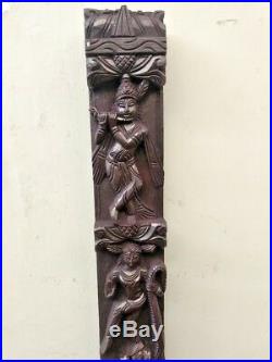Krishna Wall Vertical Wooden Panel Hindu God Kaliya Krsna Vintage Sculpture Idol