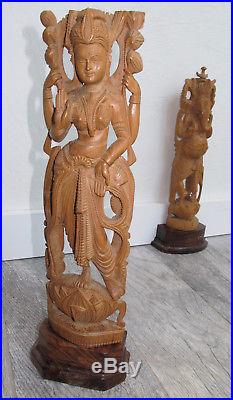 LAKSHMI HINDU Fortune GODDESS Sculpture Carving hand carved wood 14.5 VINTAGE