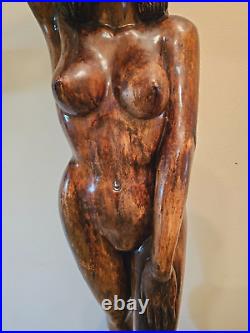 LARGE Vintage Mid-Century Hand-Carved Wood Sculpture Statue Woman Female Figure