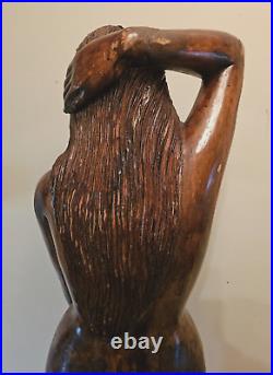 LARGE Vintage Mid-Century Hand-Carved Wood Sculpture Statue Woman Female Figure