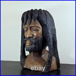 LARGER Than Life Hand Carved Wood Bob Marley Bust Vintage Rasta Sculpture