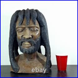 LARGER Than Life Hand Carved Wood Bob Marley Bust Vintage Rasta Sculpture