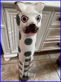 Large 31 Vintage Folk Art Polychrome Hand Painted Wood Cat Statue (ca. 1960)