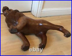 Large African Vintage Hand Carved Wooden Lion Art Sculpture Figure 18 Inch Tall
