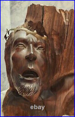 # Large Antique Vintage Solid Wood Hand-carved Crucified Jesus Sculpture Bust