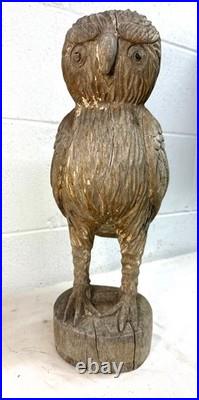 Large Antique hand carved solid wood Folk Art owl sculpture statue figure