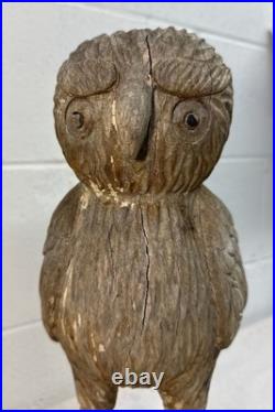 Large Antique hand carved solid wood Folk Art owl sculpture statue figure