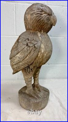Large Antique hand carved solid wood Folk Art owl sculpture statue figure