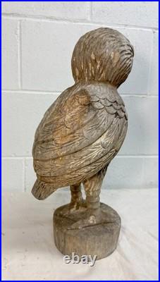 Large Antique hand carved solid wood Folk Art owl sculpture statue figure