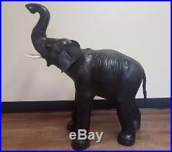 Large Black Vintage Leather Elephant Figurine Statue Sculpture 30 Tall