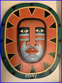 Large Colorful Wooden Sculpture Bas-Relief Abstract Face Wall Hanging 25 VTG