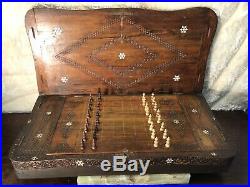 Large Rare Vintage Antique Arabic Hand Made Carving Wood Backgammon & Chess