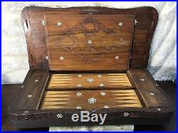 Large Rare Vintage Antique Arabic Hand Made Carving Wood Backgammon & Chess