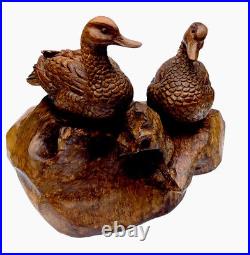 Large Vintage Carved 1 Piece Wood Ducks? Sculpture Birds Artist Miguel M Ruelas