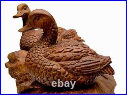 Large Vintage Carved 1 Piece Wood Ducks? Sculpture Birds Artist Miguel M Ruelas